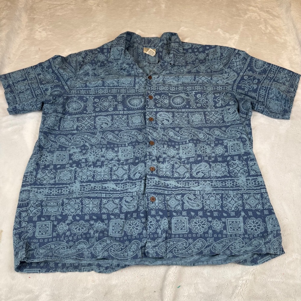 LL Bean Mens XL Blue Paisley Cotton Button‎ Up Shirt Short Sleeve 300229 Regular